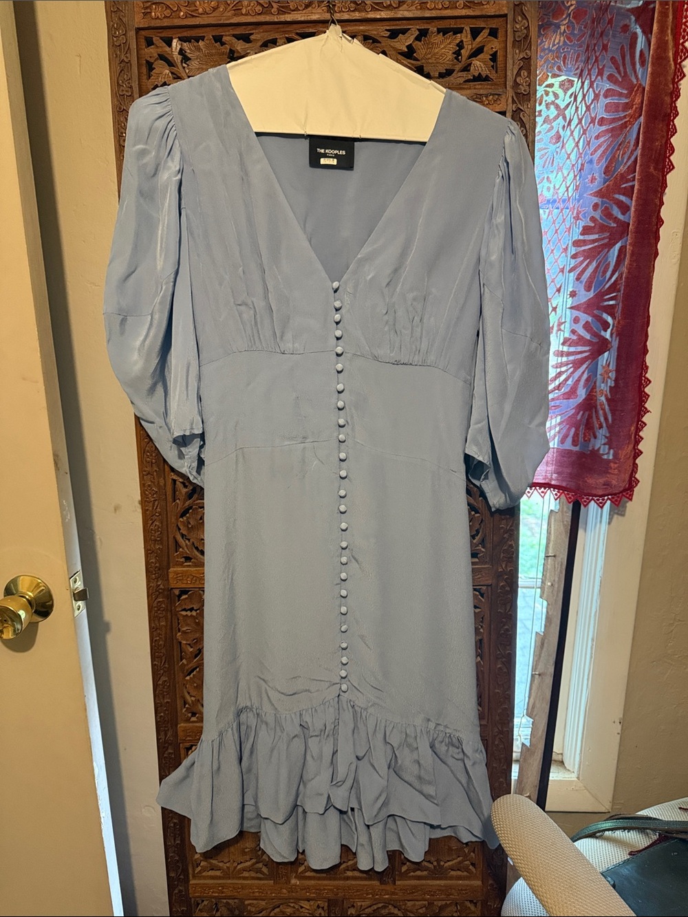 The Kooples Light Blue V-Neck Button-Front Ruffle Midi Dress